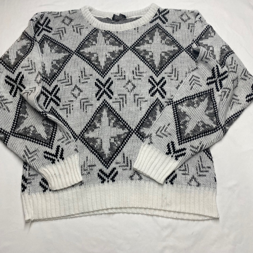Vintage New Era Sweaters Geometric Argyle Knit Crewneck Metallic Silver Medium